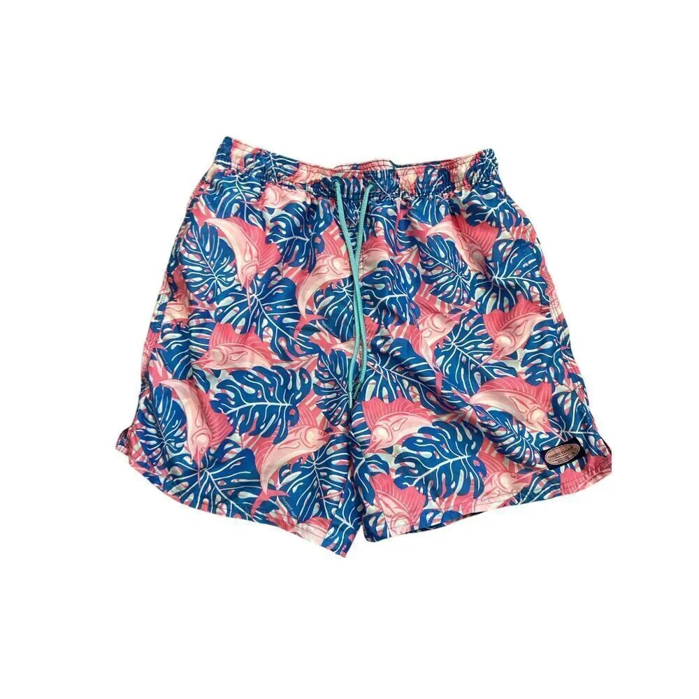 Men's Vineyard Vines Swim Trunks Pink Blue Palm Fronds Size Medium